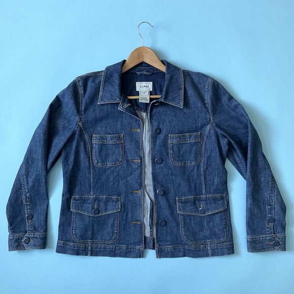 L.L. Bean Women's Denim Utility Chore Jacket Blue Cotton Stretch Petite Medium M - Picture 5 of 12